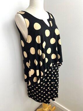 Maeve Anthropologie Polka Dot Layered Dress sz M Tan Black Career Weekend Brunch